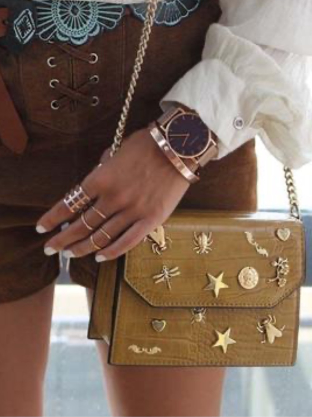 Zara Faux Crocodile Crossbody Bag With Insect Star Heart Charms & Chain Strap